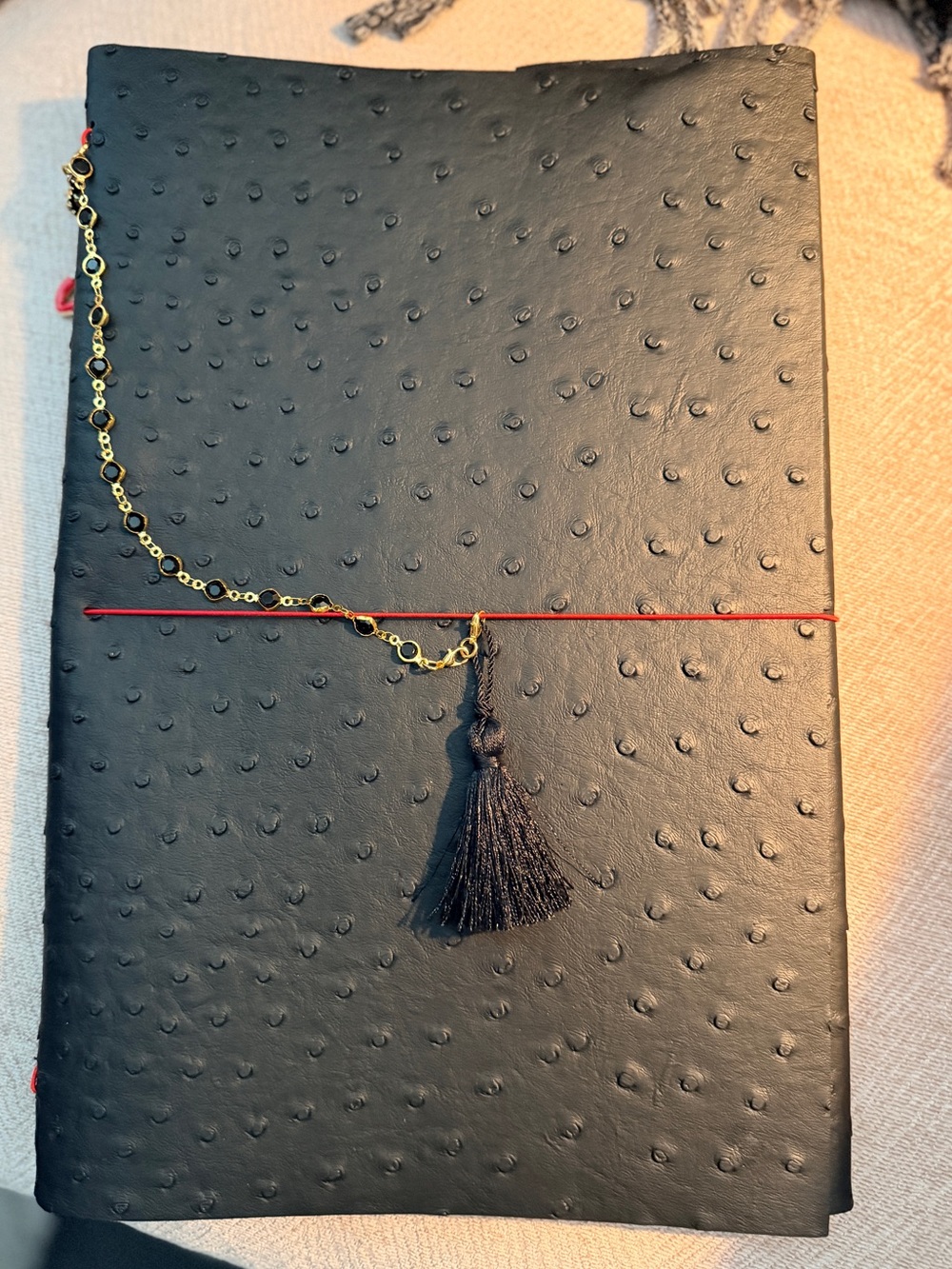Black Faux Ostrich Leather Notebook with Red Elastic-Size A4